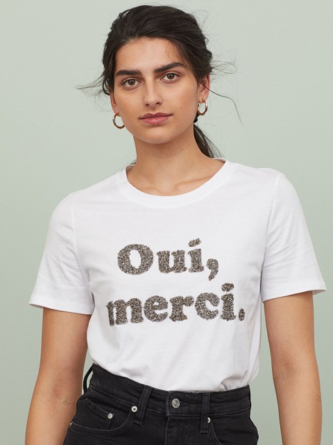 

H&M Women White Embellished Jersey T-shirt