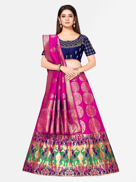 

MIMOSA Pink & Blue Embroidered Semi-Stitched Lehenga & Blouse with Dupatta
