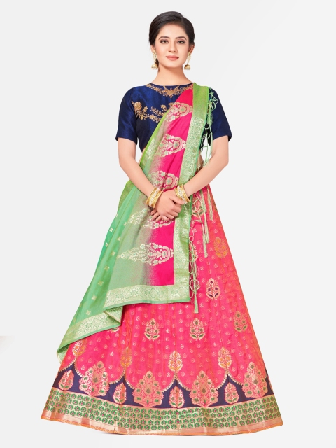 

MIMOSA Pink & Blue Embroidered Semi-Stitched Lehenga & Blouse with Dupatta