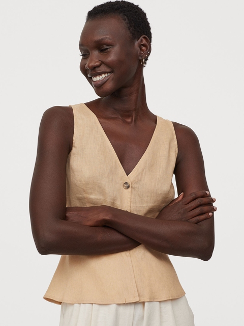 

H&M Women Beige V-Neck Linen Blouse