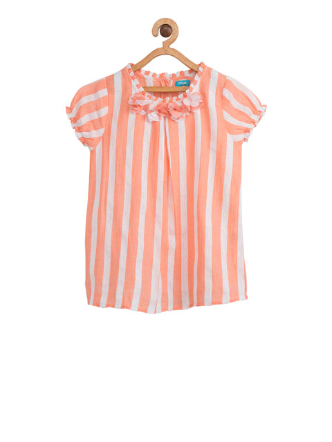 

Miyo Girls White & Orange Striped Pure Cotton Top