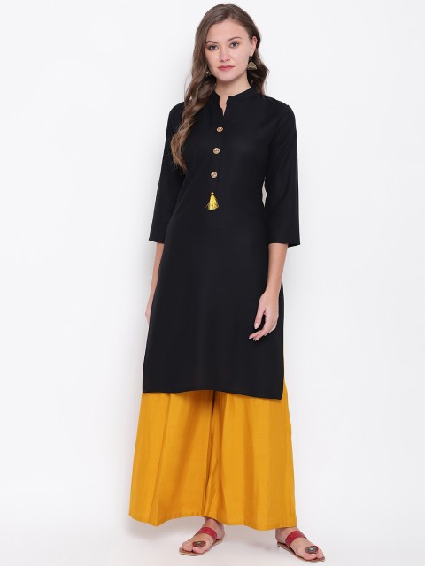 

Vbuyz Women Black & Mustard Yellow Solid Kurti with Palazzos