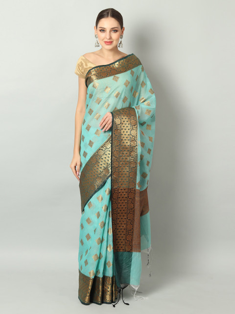 

EthnicRoom Sea Green & Gold-Coloured Silk Cotton Woven Design Banarasi Saree