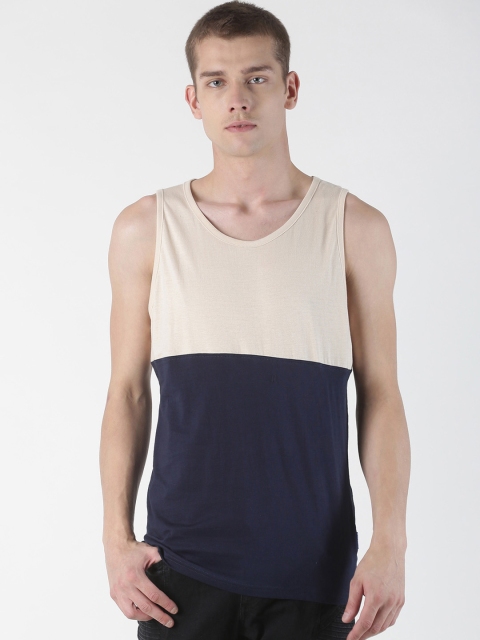 Blue Saint Men Beige & Navy Blue Colourblocked Round Neck T-shirt
