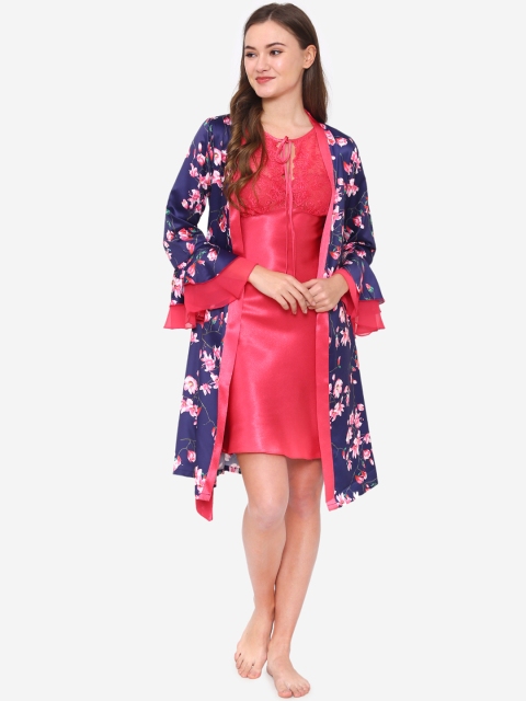 

Private Lives Pink & Navy Blue Printed Nightdress with a Robe