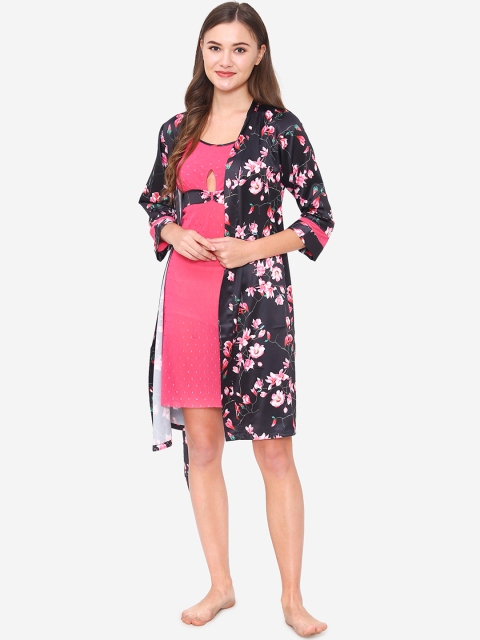 

Private Lives Pink & Black Solid Nightdress With Robe ST0141YB-M