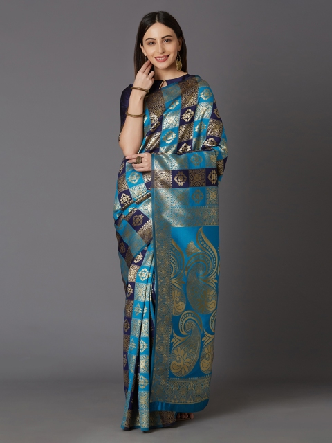 

Mitera Turquoise Blue & Navy Blue Silk Blend Woven Design Kanjeevaram Saree