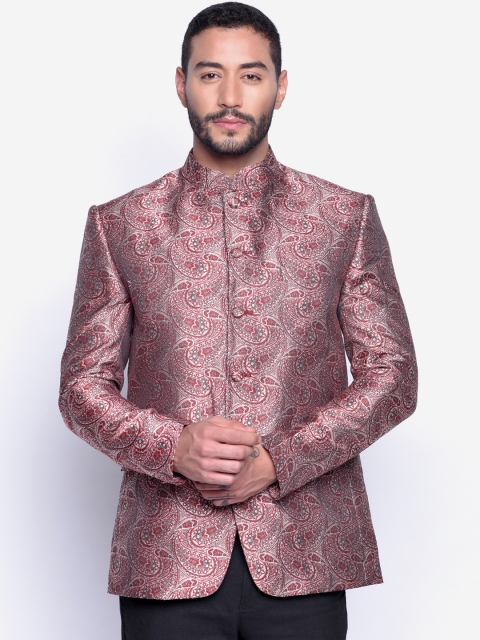 

Blacksmith Men Red & White Printed Jacquard Bandhgala Blazer
