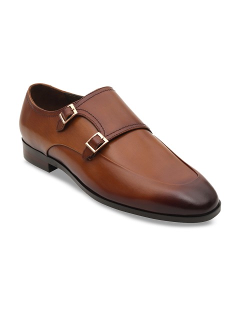 

ROSSO BRUNELLO Men Tan Brown Solid Leather Formal Monks