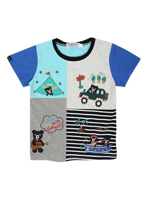 

Noddy Boys Turquoise Blue & Grey Printed Round Neck T-shirt