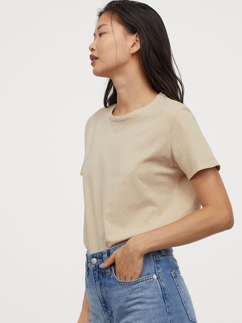 

H&M Women Beige Solid Cotton T-shirt