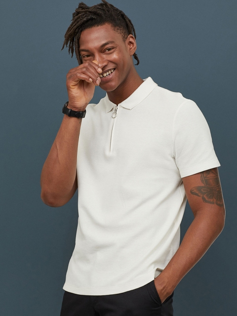 H&M Men Off-White Zip-Top Polo T-shirt