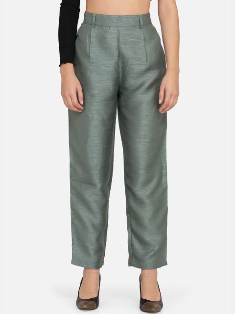 

Ojjasvi Women Olive Green Straight Fit Self Design Cigarette Trousers