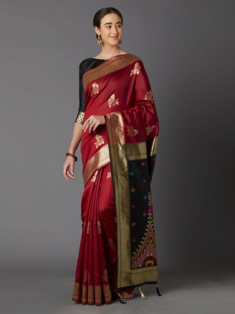 

Mitera Maroon & Gold-Coloured Silk Blend Woven Design Kanjeevaram Saree