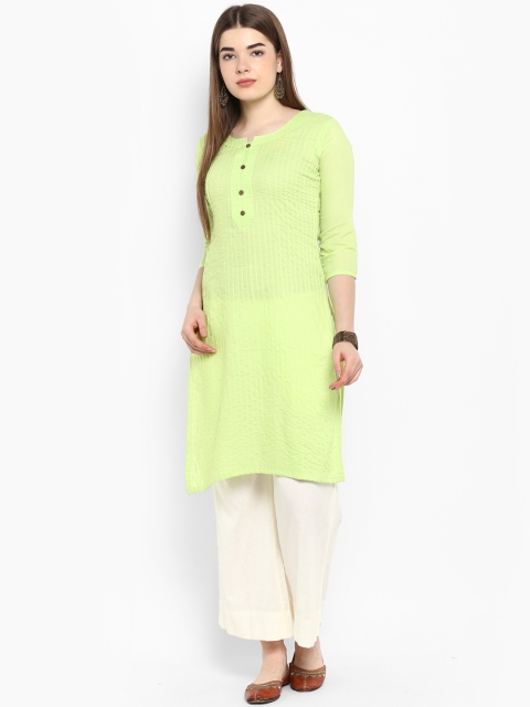 ETHNIC STREET Women Fluorescent Green Solid Straight Kurta