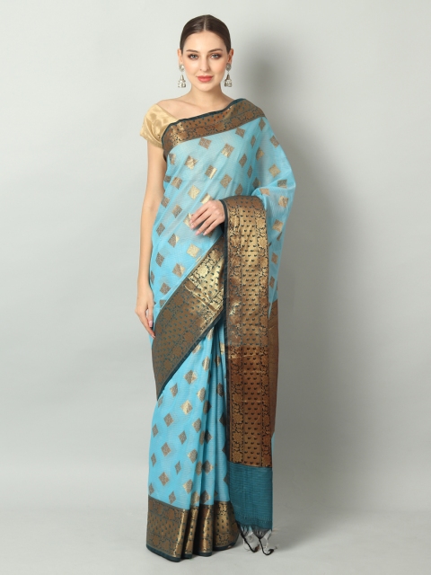 

EthnicRoom Blue & Gold-Toned Silk Cotton Woven Design Banarasi Saree