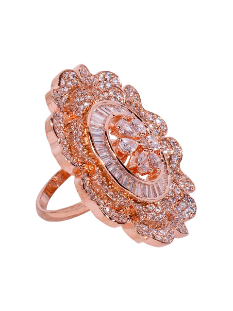 

Bhana Fashion Rose Gold-Plated & White American Diamond Handcrafted Floral Finger Ring
