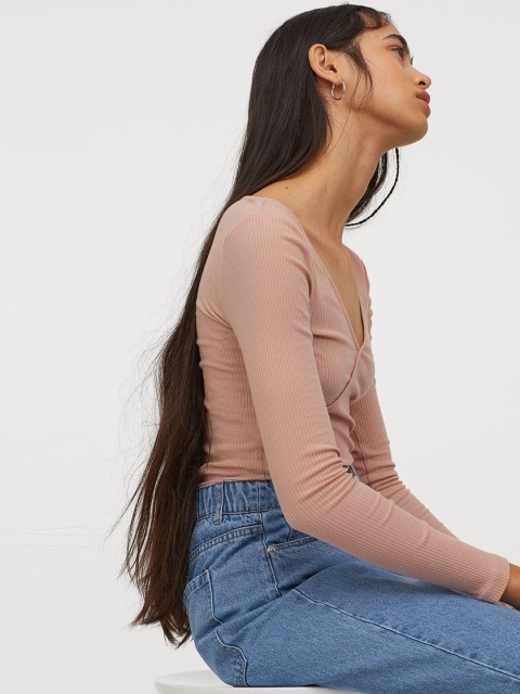 

H&M Women Pink Solid Ribbed Jersey Top