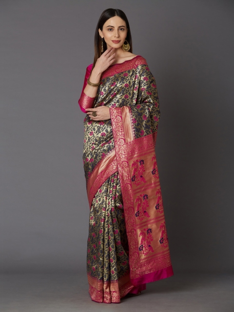 

Mitera Pink & Blue Silk Blend Woven Design Kanjeevaram Saree