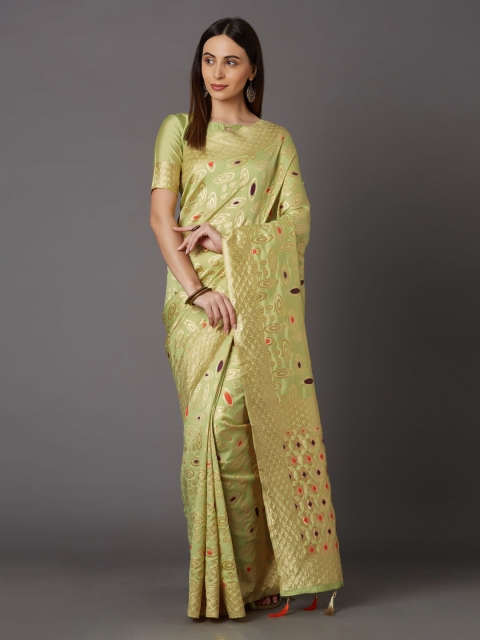 

Mitera Lime Green & Gold-Coloured Silk Blend Woven Design Kanjeevaram Saree
