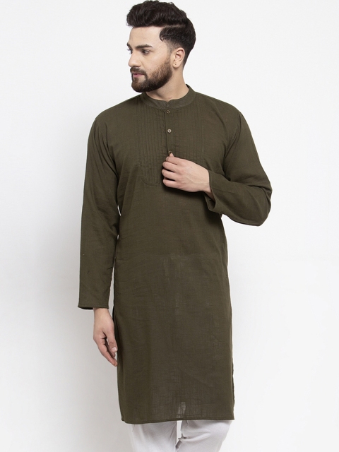 

Jompers Men Olive Green Solid Straight Kurta