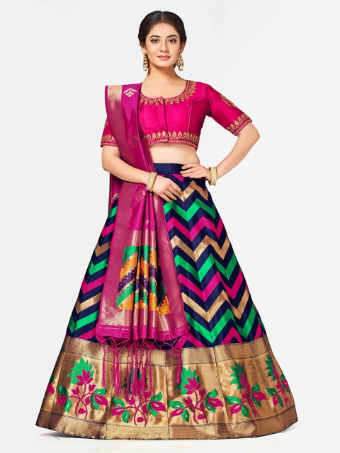 

MIMOSA Pink & Navy Blue Woven Design Semi-Stitched Bridal Lehenga & Blouse with Dupatta