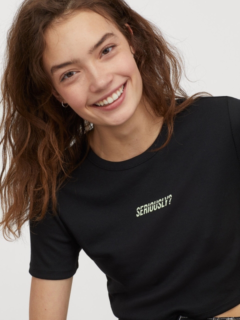 

H&M Women Black Printed Short T-shirt