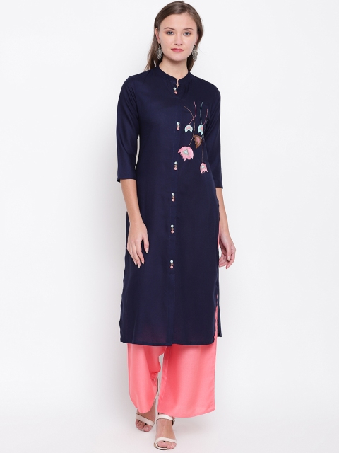

Vbuyz Women Navy Blue & Pink Embroidered Kurti with Palazzos