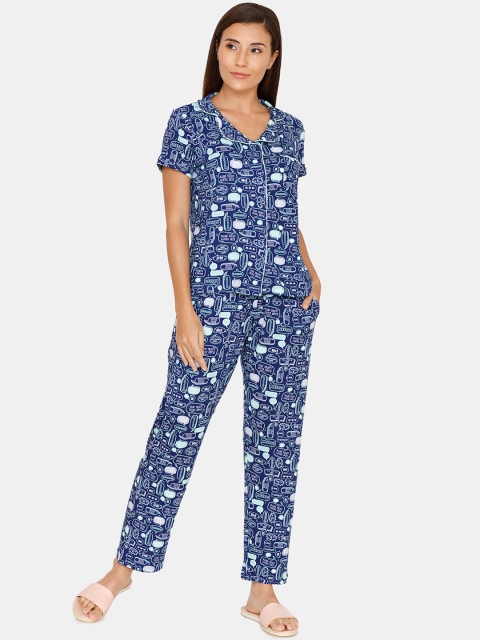 

Zivame Women Blue & White Printed Night suit