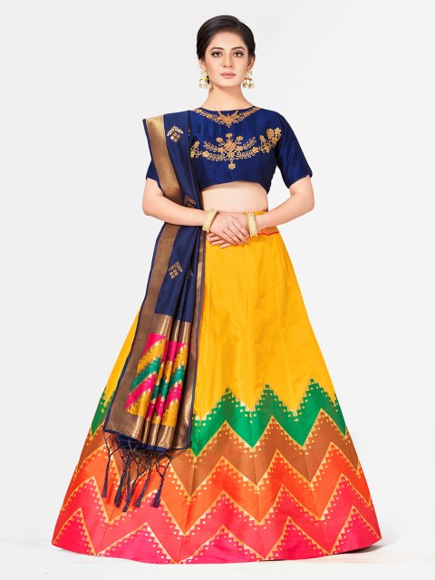 

MIMOSA Yellow & Blue Embroidered Semi-Stitched Lehenga & Blouse with Dupatta