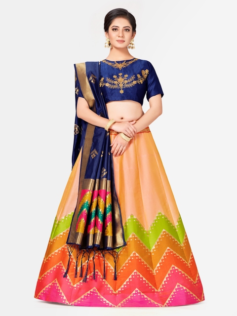 

MIMOSA Orange & Blue Embroidered Semi-Stitched Lehenga & Blouse with Dupatta