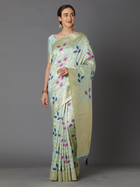 

Mitera Turquoise Blue & Gold-Coloured Silk Blend Woven Design Kanjeevaram Saree