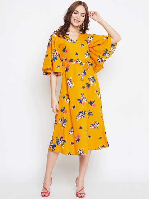 

PURYS Women Mustard Yellow Printed Wrap Dress