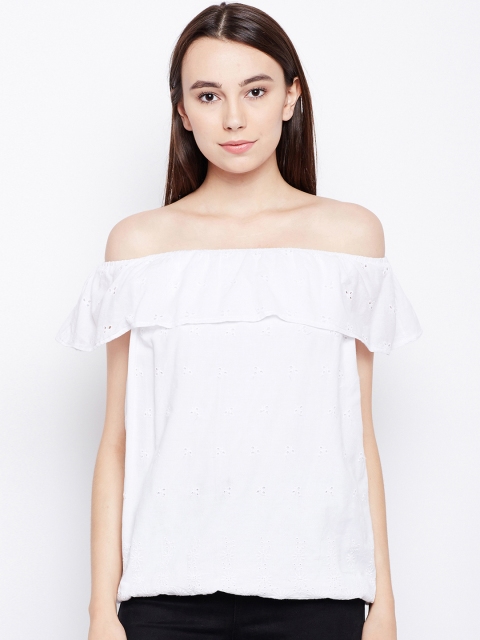 

Oxolloxo Women White Self Design Bardot Pure Cotton Top