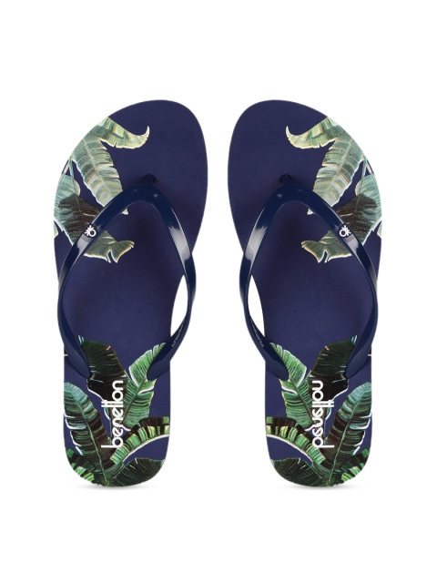 United Colors of Benetton Women Navy Blue & Green Printed Thong Flip-Flops