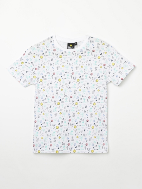 

Smiley World Boys White Printed Round Neck T-shirt