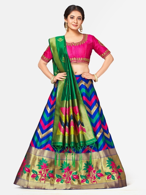 

MIMOSA Green & Blue Embroidered Semi-Stitched Lehenga & Blouse with Dupatta