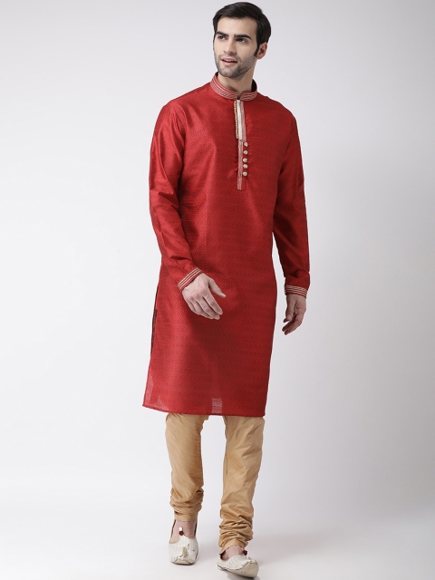 

SG LEMAN Men Maroon & Beige Self Design Kurta with Churidar