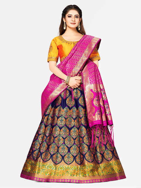 

MIMOSA Navy Blue & Pink Embroidered Semi-Stitched Lehenga & Blouse with Dupatta