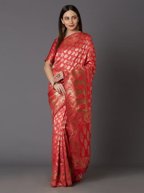 

Mitera Red & Gold-Toned Silk Blend Woven Design Kanjeevaram Saree