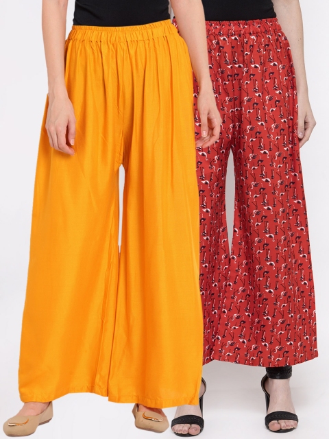 

TAG 7 Women Set of 2 Red & Yellow Printed Wide Leg Palazzos