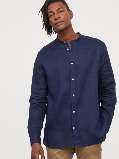 

H&M Navy Blue Linen Grandad Shirt