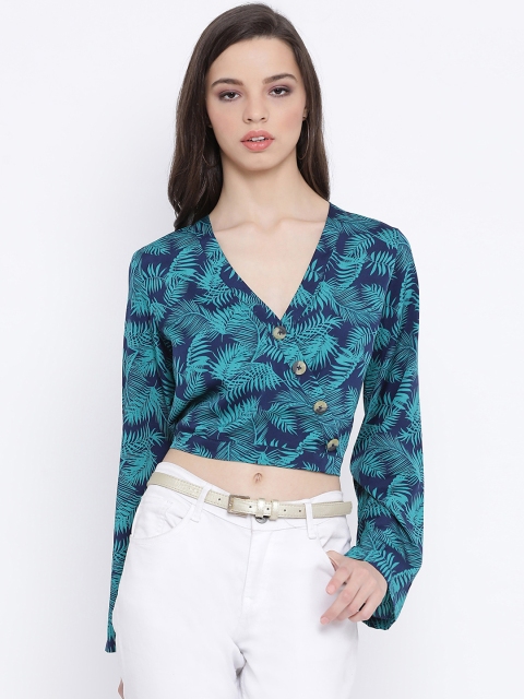 

Oxolloxo Women Teal Green & Blue Printed Crop Wrap Top