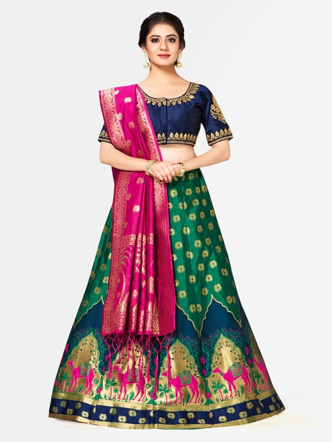 

MIMOSA Green & Blue Woven Design Semi-Stitched Bridal Lehenga & Blouse with Dupatta