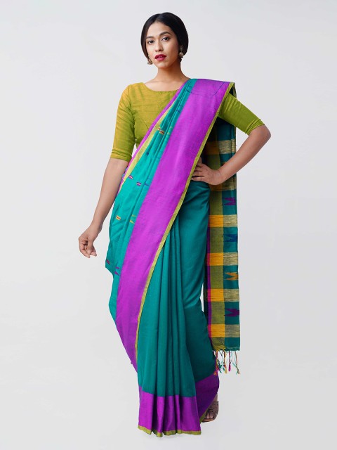 

Unnati Silks Sea Green & Purple Pure Linen Woven Design Saree