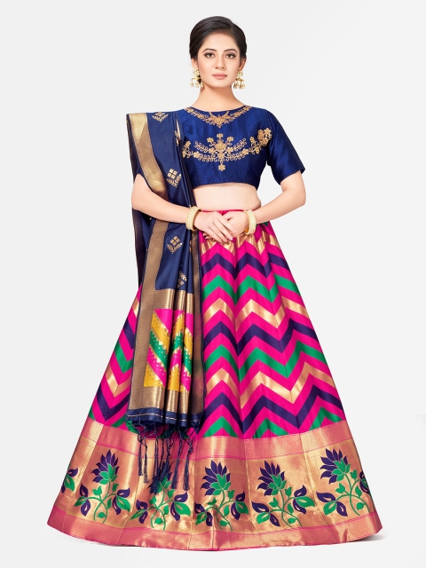 

MIMOSA Blue & Pink Embroidered Semi-Stitched Lehenga & Blouse with Dupatta