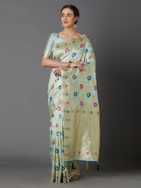 

Mitera Blue & Gold-Coloured Silk Blend Woven Design Kanjeevaram Saree