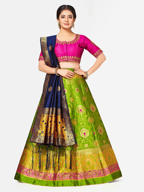 

MIMOSA Green & Blue Embroidered Semi-Stitched Lehenga & Blouse with Dupatta