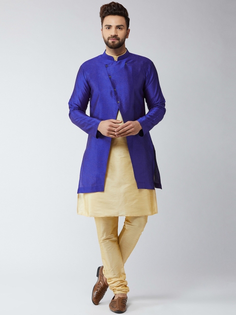 

Sojanya Men Gold-Toned & Blue Self Design Sherwani Set