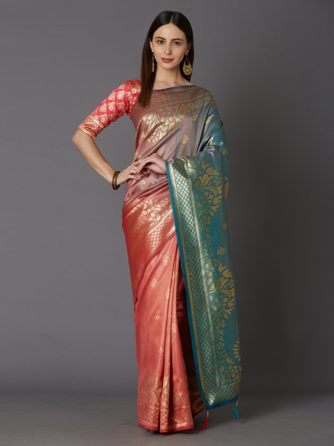 

Mitera Peach-Coloured & Blue Silk Blend Woven Design Kanjeevaram Saree